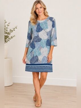 Jean-Pierre Klifa Leaf-Print Blue & Gray Midi Shift Dress Size Medium